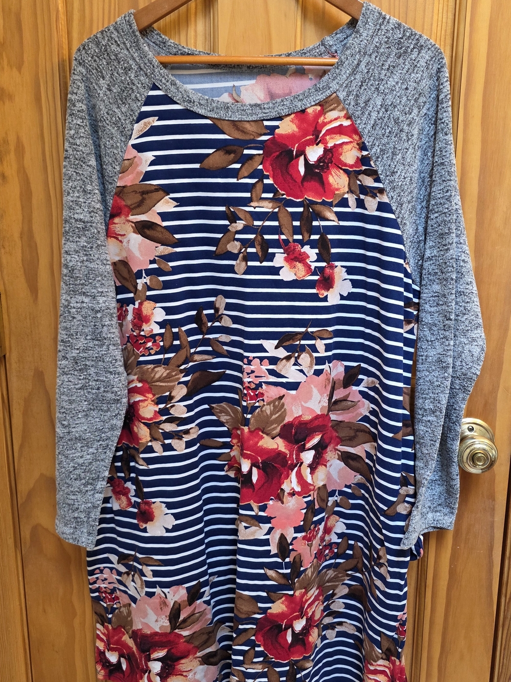 Floral Stripe Raglan Tshirt Dress - Navy, Gray